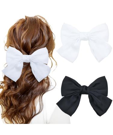 Yoosit 2 Colors 8 Inch Large Bowknot Satin Hair Bows French Barrettes Hair Clips Ponytail Holder Hair Bow Ribbon Accessories for Women Girls (white and black hair bows)