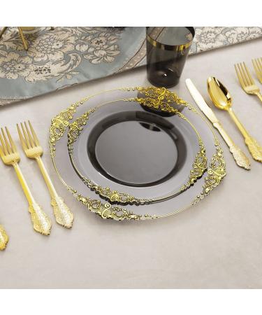 Nervure 175PCS Clear Black & Gold Plastic Plates Set for 25 Guests - Ideal for Parties & Halloween - Buy Online on SooperMarket.com