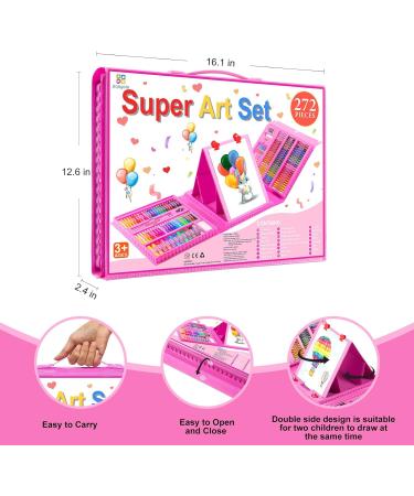272 Piece Art Supplies Set for Teens - Deluxe Gift Box with Trifold Easel, Drawing Pad, Pastels, Watercolors, Crayons, Pencils - Perfect for Girls and Boys - Pink - Buy Online on SooperMarket.com