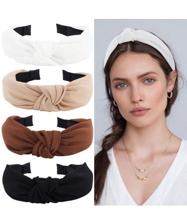 YISSION 4PCS Knotted Headbands - Non Slip Wide Fashion Head Bands for Women and Girls - Black and White Top Knot Accessories Fabric