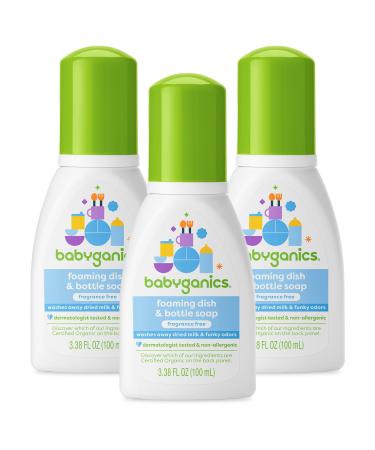Babyganics Foaming Dish & Bottle Soap for Travel Fragrance Free Plant-Derived Cleaning Power Removes Dried Milk Packaging May Vary 3.38 Fl Oz (Pack of 3)