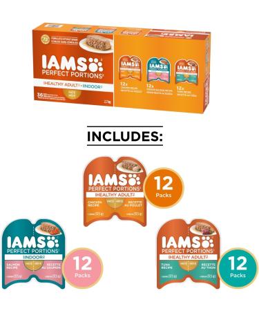 IAMS PERFECT PORTIONS Healthy Adult and Indoor Wet Cat Food Pat Chicken Tuna and Indoor Salmon (36) 75g Variety Pack - Buy Online on SooperMarket.com