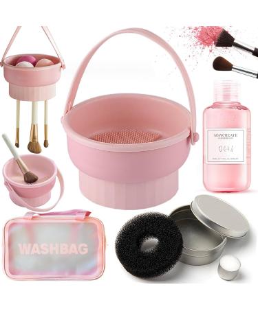 QUKLOGEN 3 In 1 Makeup Brush Cleaning Set Multifunctional Washing Bowl Drying Basket with Handle Silicone Cleaner Mat Removal Cleaner Sponge 150ml/5.12fl.oz Professional Makeup Brush Cleaner (Pink)