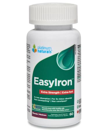Platinum Naturals - EasyIron Extra Strength Capsules 60 Vegan Liquid Caps - Enhanced Red Blood Cell Formation Gentle on the Stomach - Iron Bisglycinate with B6 & B12 Vitamins Ideal for Men & Women