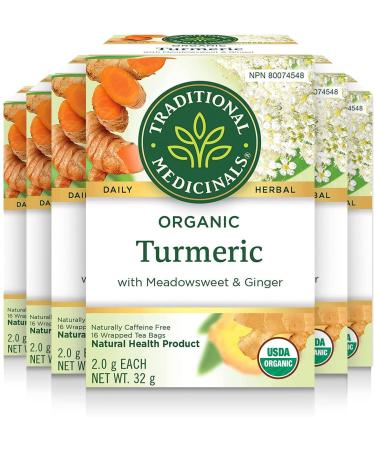 Traditional Medicinals - Organic Turmeric with Meadowsweet and Ginger Herbal Tea (Pack of 6) - Traditionally Used To Relieve Inflammation And Aid In Digestion - 96 Tea Bags Total Tea Tumeric with Meadowsweet and Gigner 16 Count (Pack of 6)