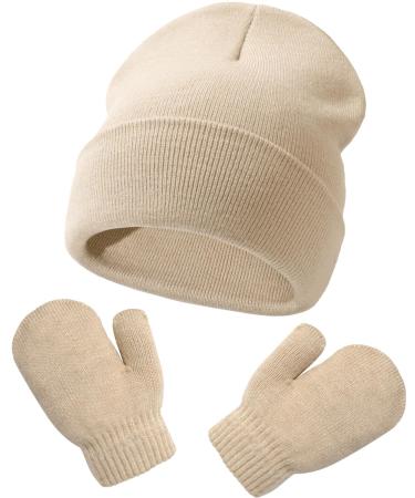 XYIYI Newborn Baby Winter Beanie Hat Mitten Set Infant Toddler Warm Knitted Hat Glove Set for Boys Girls 2-5 Years Beige2