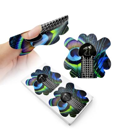 100pcs Pro Almond Stiletto Tips Nail Form Peacock Pattern Sturdy Forms for C Curve Acrylic UV Gel Nails Builder False Nail Extension Nail Art Tool Guide Stickers (Peacock Pattern)