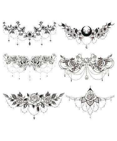 6 Sheets Temporary Tattoos for Women Girls Waterproof Rose Flower Fake Tattoos Sexy Underboob Tattoos Black Jewelry Bowknot Long Lasting Large Tattoos Stickers on Chest Waist Waterproof Body Art