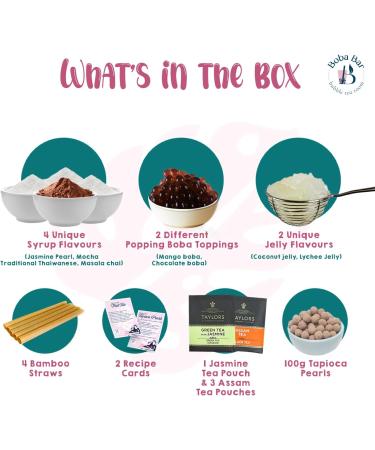 MBTK - 4 (Boba Bar London | Sahara Milk Bubble Tea Kit | 4 Milk Tea Flavours | 4 Boba & Jelly Toppings | Tapioca Pearls | 4 Bamboo Straws | 4 Tea Bags | 2 Recipe Cards ) - Buy Online on SooperMarket.com