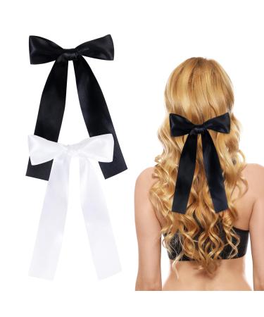 2 Pack Hair Bows for Girls and Women Large Bow Hair Clips Hair Barrette with Long Silky Satin Hair Accessories for Girls(Black White)