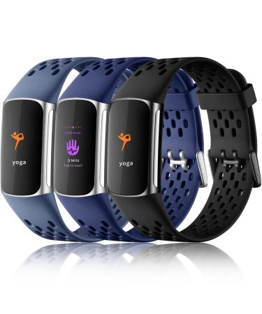 Maledan Compatible with Fitbit Charge 5 Bands Women Men - Breathable Sport Band Soft Waterproof Replacement Wristbands Strap for Fitbit Charge 5 Advanced Fitness Tracker, 3 Pack Blue Gray/ Navy Blue/ Black