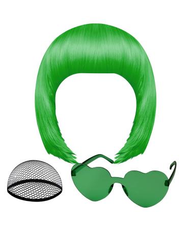 PLULON Dark Green Bob Wig and Sunglass Set Neon Short Bob Wig Sunglass Pack Costume Colorful Cosplay Wig Hairpieces for Bachelorette Neon Party Favors Halloween Decorations Dark Green Short