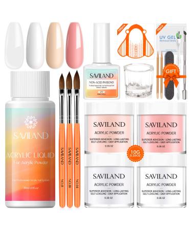 Saviland Acrylic Nail Kit - Acrylic Powder Nails Kit Acrylic Set with Non-Acid PH Bond 4 Colors Nude Pink Clear White Acrylic Powder and Liquid Set with Acrylic Nail Brush for Beginners DIY Acrylic Nail Extension 4 Color...