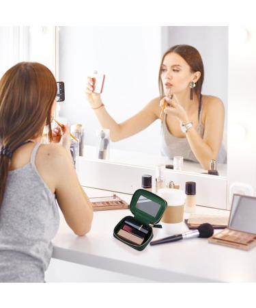 Small Makeup Bag with Mirror - Portable Lipstick Holder for Women | Red Lipstick Pattern & Dark Green Color - Holds 3 Lipsticks | Ideal Zippered Toiletry Bag for Travel - Buy Online on SooperMarket.com