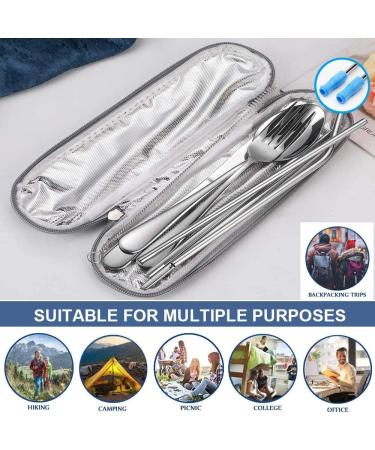 Travel Reusable Utensils Set - Stainless Steel Cutlery with Case, Chopsticks, Straw - Portable Flatware for Camping, 8 Piece Set - Silver - Buy Online on SooperMarket.com