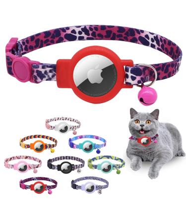 Mouyou Airtag cat neck band Airtag collar cat with bell safety clasp soft nylon cat neck band with silicone airtail holder cover adjustable from 22-34cm red leopard pattern C6