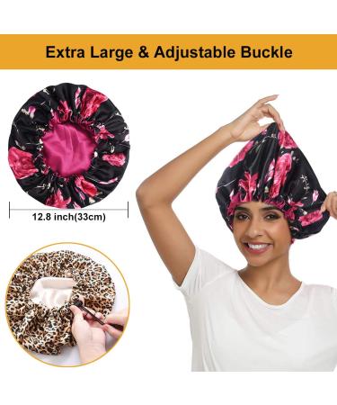 5pcs Double Layer Reversible Satin Bonnet for Black Women - Large Drawstring Silk Hair Cap for Curly Hair, Braids - B Floral/Leopard Print - Buy Online on SooperMarket.com