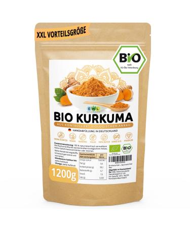 EWL natural products organic turmeric powder 1200g Extra XXL organic advantage pack turmeric powder organic turmeric powder from controlled organic cultivation filled + controlled in Germany curcuma powder turmeric 1.2 kg (1 Pack)