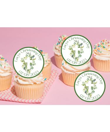 edible 20 x Christening/Baptism Personalised cupcake toppers UNCUT green - Naming ceremony/Communion etc (icing paper)