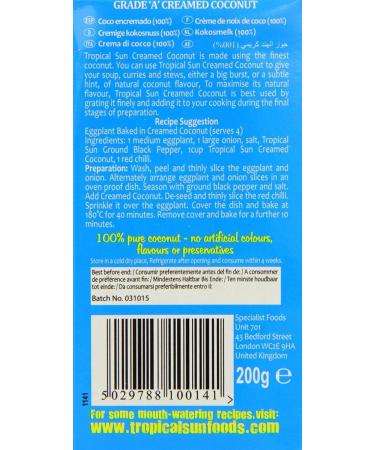 Tropical Sun Creamed Coconut 200g - Pack of 6 | Rich and Creamy Coconut Puree | Authentic Caribbean Flavour | Ideal for Curries Desserts and Smoothies - Buy Online on SooperMarket.com