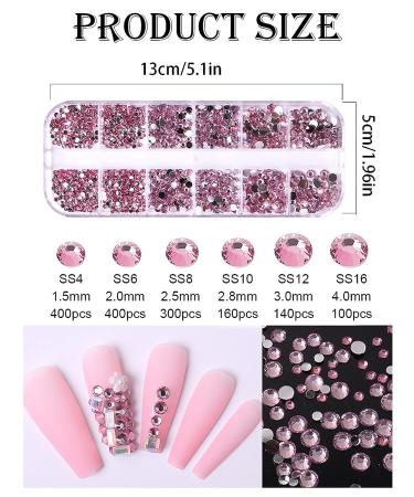 Wsimily Pink AB Crystal Nail Rhinestones Kit | 1620 Pcs Flatback Gems for DIY Manicure | Tweezers & Organizer Box Included - Buy Online on SooperMarket.com