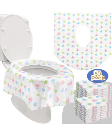Tebery 50 Pack Extra Large Disposable Toilet Seat Covers, Cute Frog Printed Potty Seat Covers for Toddlers, Kids, and Adults - Waterproof, Portable, Individually Wrapped for Travel