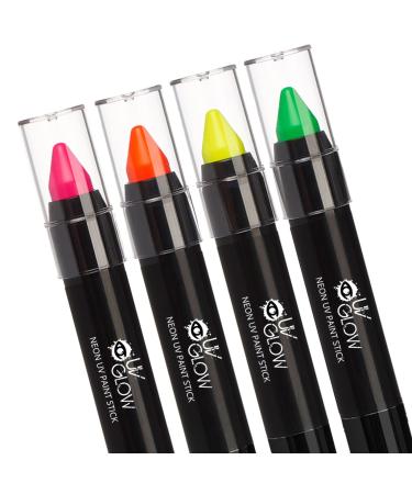 UV Glow - Neon UV Paint Stick/Face & Body Crayon - Set of 4 Colours. Genuine and original UV Glow product - glows brightly under Blacklights!