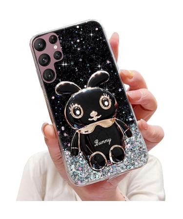 Tivenfezk nadoli for samsung galaxy s22 ultra hare hidden stand shell caricature glitter rabbits stand soft silicone bling cell phone case transparent protective cover samsung galaxy s22 ultra black