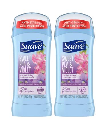 Suave Deodorant for Women Sweet Pea & Violet Invisible Solid Antiperspirant Deodorant Stick 48H Protection Anti-Staining Cruelty-Free Scented 2.6 Oz (Pack of 2)