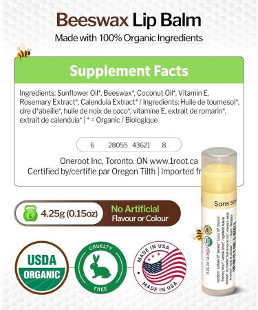 OneRoot Organic Beeswax Lip Balm | Citrus Moisturizer for Dry Lips | Coconut Oil Vitamin E & Rosemary Extract (0.15oz - Buy Online on SooperMarket.com