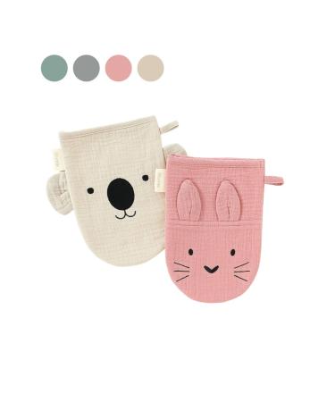 Blumie 2pcs Bath Mitt Gloves Washcloths for Babies and Kids with Animals Faces 100% Organic Cotton (Dusty Pink & Sandy Beige)