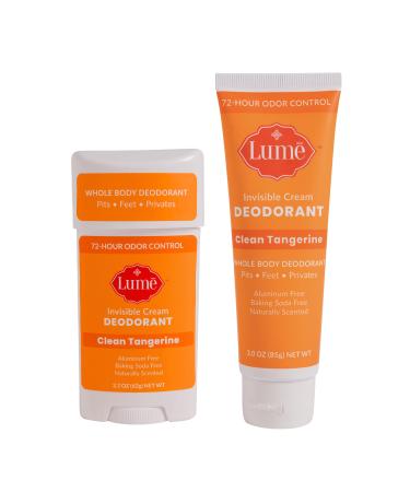 Lume Natural Deodorant - Underarms and Private Parts - Aluminum Free, Baking Soda Free, Hypoallergenic, and Safe For Sensitive Skin - Travel Tube + Cream Deodorant Bundle (Clean Tangerine)
