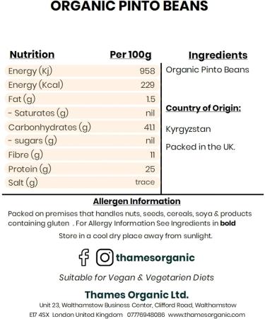 Organic Pinto Beans - High in Protein and Fiber No Additives No Preservatives Non-GMO Vegan - Perfect for Soups Stews Salads and Mexican Dishes - Thames Organic 1kg - Buy Online on SooperMarket.com
