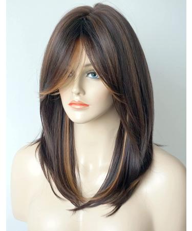 Medium Length Layered Synthetic Wig for White Women - Light Brown with Camel Highlights and Bangs - Buy Online on SooperMarket.com