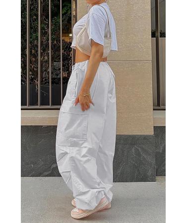 FEOYA Women Baggy Cargo Pants Drawstring Loose Straight Leg Hip Hop Parachute Pant - Y2K Egirl Joggers - White (Size Small) - Buy Online on SooperMarket.com