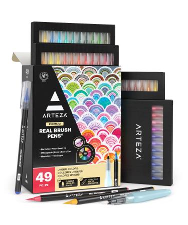 ARTEZA Real Brush Pens 48 Colors Watercolor Markers with Flexible Nylon Brush Tips 0.5-mm Line Size Art Supplies for Creating Illustrations Calligraphy and Watercolor Effects 1 Count (Pack of 48)