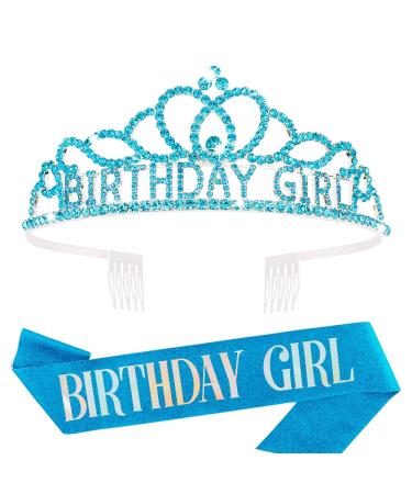 Atoden Tiaras for Girls Birthday Sash Crowns for Women Birthday Crown Princess Crown Rhinestone Headband Birthday Tiara Comb Headband Hair Accessories for Girls Birthday Decorations for Girls (Blue) Blue + Sash