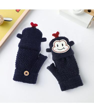 Kids Cute Cartoon Monkey Knitted Mittens - Warm Convertible Thermal Gloves for Children 3-8 Years - Dark Blue - Buy Online on SooperMarket.com