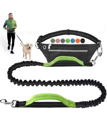 Hands Free Dog Leash for Running Walking Jogging Training Hiking Retractable Bungee Dog Running Waist Leash for Medium to Large Dogs Adjustable Waist Belt with Pack Reflective Stitches Dual Handle Black/Green