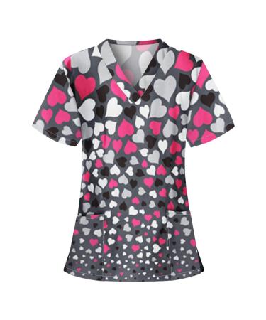 TUNUSKAT Women Cute Heart Nurse Uniform Fashion Green Plaid Short Sleeve Shirt Pullover Slim V Neck Scrubs Tops With Pockets 3X-Large 01*black