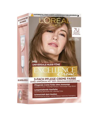 L'Or l Paris Permanent Hair Colour for Any Skin Tone Ammonia Colouration Universal Nude Tones with Full Grey Coverage Excellence Cream Number 7U Medium Blonde (Blonde) 1 Piece #7U Medium Blonde