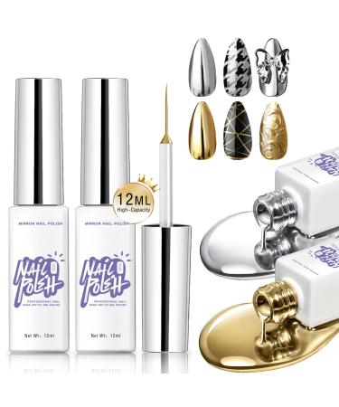 Metallic Mirror Painting Nail Polish 2x12ml Silver Gold Painted Drawing Striper Gel Build in Thin Brush Mirror Chrome Effect Nail Art Soak off UV/LED Glossy Metal Gel Liner DIY Nail Manicure Silver+Gold