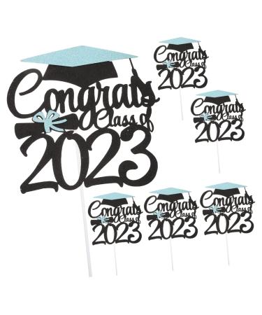 MAGICLULU 6pcs 2023 Graduation Cake Decorating Cake Letters Graduation Cake Decoration Congratulation Party Supplies Class a Customs Glitter Grad Cupcake Topper Make up Graduation Hat Blue 15x14.3cm