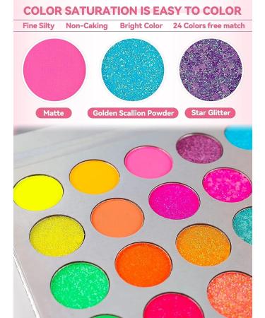 Kalolary Glow in the Dark Neon Eyeshadow Palette - 24 Colors, UV Glow, Matte & Glitter, Highly Pigmented, with 4 Brushes - Buy Online on SooperMarket.com