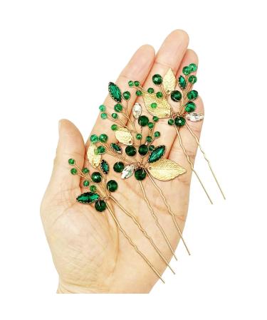Emerald Green Rhinestone Gold Leaf Wedding Hair Pins - Pack of 3 | Bridal Hair Accessories for Women Girls - Buy Online on SooperMarket.com
