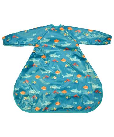Bibetta Wipeezee Premium Baby Weaning Bibs With Sleeves For 6 month+ Waterproof Coverall Bibs for Baby Toddler Boy Girl | UK Design Eco Friendly & Durable Wipeable Bib for Highchair Baby Feeding Turquoise - Sea Creatures