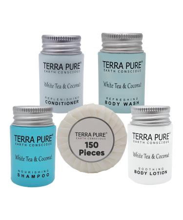 Terra Pure White Tea and Coconut Hotel Soaps and Toiletries Bulk Set | 1-Shoppe All-In-Kit for Hotels | 1oz Shampoo & Conditioner, Body Wash, Lotion & 1.25oz Bar Soap | Travel Size Toiletries 150 Pieces