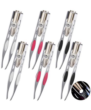 6 Pieces Light Tweezers Stainless Steel Tweezers with LED Light, Makeup Eyelash Eyebrow Hair Removal Tweezers Illuminating Lighted Tweezers for Precision Hair Removaln (White, Black, Rose Red)