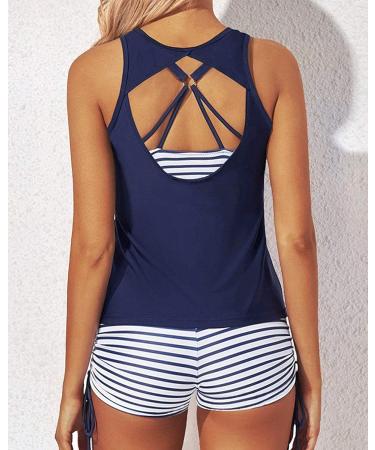 Yonique 3 Piece Tankini Swimsuit Set - Blue/White, Large | Women's Swim Tank Top with Boy Shorts and Bra | Athletic Swimwear - Buy Online on SooperMarket.com