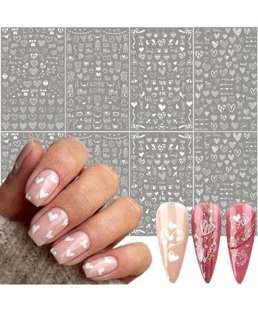 8 Sheets Heart Nail Stickers - White Love Nail Decals Heart Nail Art Stickers for Valentine's Day 3D Self-Adhesive Designs Simple Stylish French Heart Nail Charms for Women Girls DIY Nail Decoration